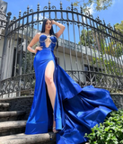 Niulatu Royal Blue Satin Beaded Mermaid Evening Dress Long Slit Prom Dress HZ1007