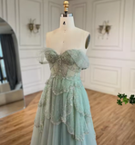 Niulatu Green A-Line Off The Shoulder Tulle Beaded Evening Dress Formal Prom Dress HZ1007