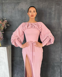 Niulatu Boat Neck Prom Dress Long Sleeves High Slit Satin Evening Dress Buttoned Cuffs Sheath Formal Party Dress HZ1007