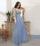 Niulatu tulle beaded long prom dress blue evening dress HZ1007