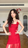 Niulatu Red A Line Spaghetti Strap Chiffon Prom Dress Outfits with Slit HZ0113