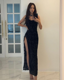 Niulatu Black Sheath Evening Dress with High Split HZ1007