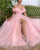 Niulatu A-Line Tulle Off The Shoulder Long Evening Prom Dress With Slit HZ1103