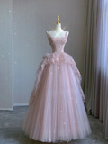 Niulatu Ball Gown Strapless Pink Long Lace Prom Dresses Formal Evening Dress