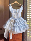 Niulatu Ball Gown Straps Floral Lace Party Dresses Blue Birthday Outfits With Flowers SD456
