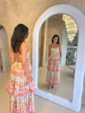 Niulatu Ball Gown Spaghetti Straps Pink Flowers Long Prom Dress HZ1110