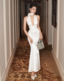 Niulatu Mermaid Sleeveless Satin White Long Prom Dresses HZ1110