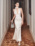 Niulatu Mermaid Sleeveless Satin White Long Prom Dresses HZ1110