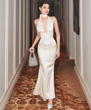 Niulatu Mermaid Sleeveless Satin White Long Prom Dresses HZ1110