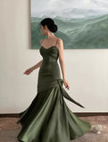 Niulatu Sheath Straps Green Satin Long Prom Dresses HZ1110