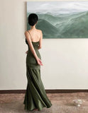 Niulatu Sheath Straps Green Satin Long Prom Dresses HZ1110