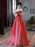 Niulatu A line Off The Shoulder Long Red Tulle Prom Dresses HZ1110