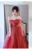 Niulatu A line Off The Shoulder Long Red Tulle Prom Dresses HZ1110