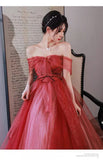 Niulatu A line Off The Shoulder Long Red Tulle Prom Dresses HZ1110