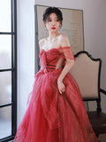 Niulatu A line Off The Shoulder Long Red Tulle Prom Dresses HZ1110