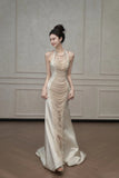 Niulatu Mermaid Halter Sleeveless Wedding Dresses Glittering Straps Pearls Wedding Dress HZ1110