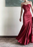 Niulatu Sheath Straps Burgundy Satin Long Prom Dresses HZ1110