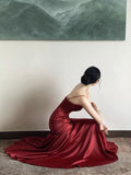 Niulatu Sheath Straps Burgundy Satin Long Prom Dresses HZ1110