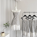 Niulatu A line Spaghetti Straps Blue Sleeveless Floral Dress Short Holiday Dresses SD280
