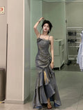 Niulatu Mermaid Spaghetti Straps Prom Dresses Gray Long Party Dress SD1309