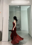 Niulatu Sheath Sweetheart Sleeveless Satin Burgundy Long Prom Dresses SD2399