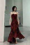 Niulatu Sheath Sweetheart Sleeveless Satin Burgundy Long Prom Dresses SD2399