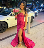 Niulatu Mermaid Spaghetti Straps Hot Pink Long Satin Prom Dresses Formal Evening Dress SD2411