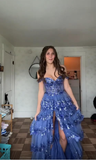 Niulatu Blue Tulle Sequins Layered Evening Dress Formal Slit Prom Dress HZ1007