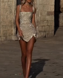 Niulatu Sheath Square Neck Champagne Beads Sequin Mini Short Formal 8th Grade Homecoming Dresses Middle School Short Cocktail Dress Hoco Outfits HZ1214