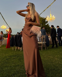 Niulatu Brown A Line Spaghetti Strap Satin Open Back Prom Dress Wedding Guest Dress HZ0113