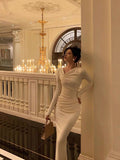 Niulatu Sheath Long Sleeves Ivory Date Night Dress Long Prom Dresses Birthday Outfits SD1076
