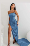 Niulatu Sheath Strapless Neckline Slit Satin Long Party Dress Prom Dresses SD2446