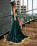 Niulatu Green Velvet Prom Evening Dress Gold Applique Beaded Slit Black Girl Birthday Gown HZ1007