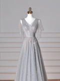 Niulatu Gray Tulle Sequins A Line Prom Dress Sexy V Neck Evening Dress HZ1007