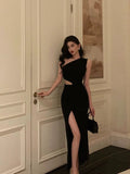 Niulatu Sheath One Shoulder Black Slit Long Prom Dresses Evening Dress SD410