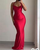 Pretty Mermaid Halter Red Satin Prom Dresses Black Girl Graduation Dress HZ1214
