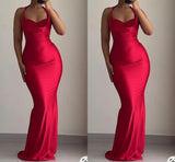 Pretty Mermaid Halter Red Satin Prom Dresses Black Girl Graduation Dress HZ1214