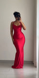 Pretty Mermaid Halter Red Satin Prom Dresses Black Girl Graduation Dress HZ1214