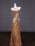 Gorgeous Mermaid Off The Shoulder Gold Sequin Beads Long Prom Dress Party Dress Graduation Dresses HZ1214