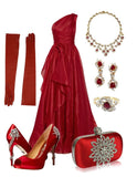 Gorgeous A line One Shoulder Red Chiffon Birthday Dress Prom Dress Graduation Dresses HZ1214