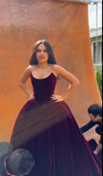 Sexy Ball Gown Strapless Velvet Burgundy Ruffles Long Birthday Dress Birthday Outfits Graduation Dresses HZ1214
