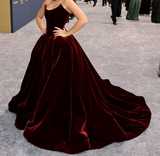 Sexy Ball Gown Strapless Velvet Burgundy Ruffles Long Birthday Dress Birthday Outfits Graduation Dresses HZ1214