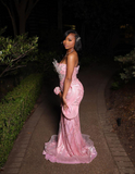 Gorgeous Mermaid Sweetheart Pink Satin Sequin Long Prom Dress Party Dress Graduation Dresses HZ1214
