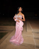 Gorgeous Mermaid Sweetheart Pink Satin Sequin Long Prom Dress Party Dress Graduation Dresses HZ1214