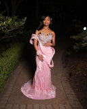 Gorgeous Mermaid Sweetheart Pink Satin Sequin Long Prom Dress Party Dress Graduation Dresses HZ1214