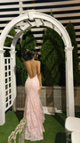 Niulatu Pink Backless Sleeveless Lace Mermaid Evening Dresses with Train HZ1007