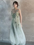 Niulatu A line Spaghetti Straps Floral Green Prom Dresses Birthday Dress For Women SD247