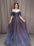 Niulatu starry sky purple tulle long prom dress purple evening dress HZ1007
