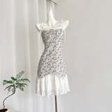 Niulatu A line Spaghetti Straps Blue Sleeveless Floral Dress Short Holiday Dresses SD280