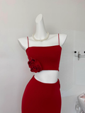 Cute Mermaid Spaghetti Straps 2 Pieces Red Long Summer Dress For Women HZ1214